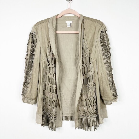 Chico's Faux Suede Fringe Hem Lattice Cutout Kimono Jacket In Taupe 12 #BAG8 - Picture 2 of 6